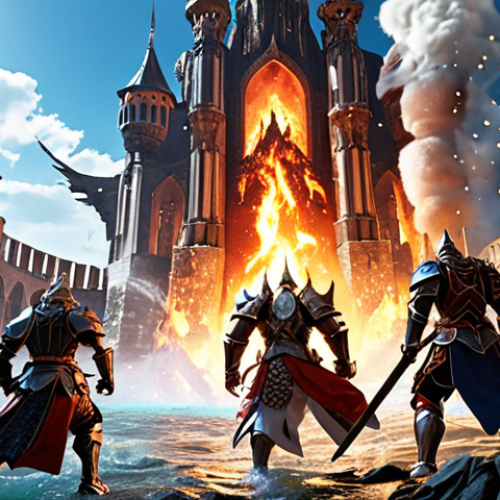 Home 4 **
"Epic Seven Knights battle scene in the Celestial Tower. Water heroes facing fire enemies. Elemental weaknesses emphasized with visual effects. Dynamic action, vibrant colors, fantasy setting."
**