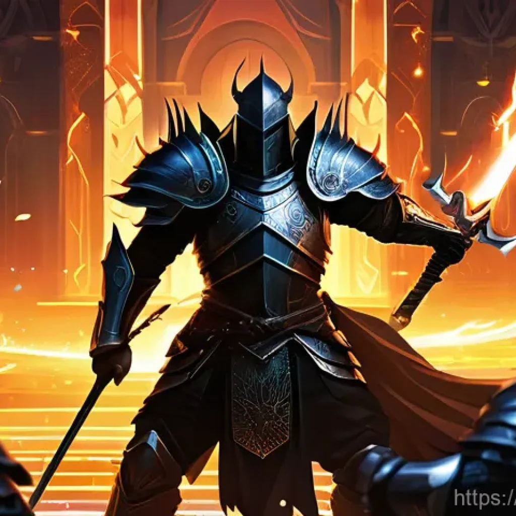 세븐나이츠 PVP 전략 - **Prompt:** "A dynamic and epic fantasy illustration featuring Dellons, the Shadow Blade, in the mid...