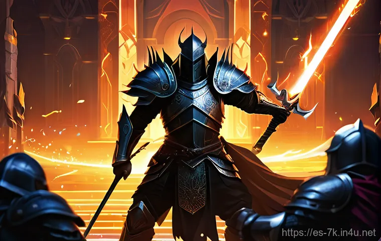 세븐나이츠 PVP 전략 - **Prompt:** "A dynamic and epic fantasy illustration featuring Dellons, the Shadow Blade, in the mid...