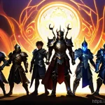 세븐나이츠 과금 유저 추천 아이템 - **Prompt:** A dynamic and epic scene featuring a diverse ensemble of Seven Knights Re:BIRTH heroes i...