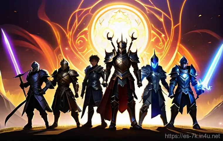 세븐나이츠 과금 유저 추천 아이템 - **Prompt:** A dynamic and epic scene featuring a diverse ensemble of Seven Knights Re:BIRTH heroes i...