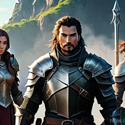 Home 26 세븐나이츠 초보자 필수 공략 - **A diverse group of five fantasy heroes standing confidently in the foreground, ready for adventure...