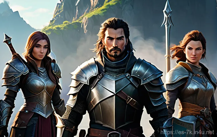 세븐나이츠 초보자 필수 공략 - **A diverse group of five fantasy heroes standing confidently in the foreground, ready for adventure...