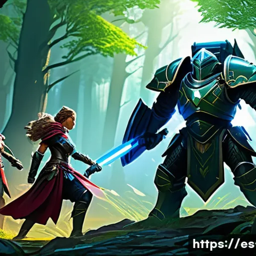 세븐나이츠 팀 시너지 계산법 - A dynamic fantasy battle scene featuring a diverse team of armored heroes in a lush, magical forest....
