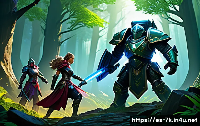 세븐나이츠 팀 시너지 계산법 - A dynamic fantasy battle scene featuring a diverse team of armored heroes in a lush, magical forest....