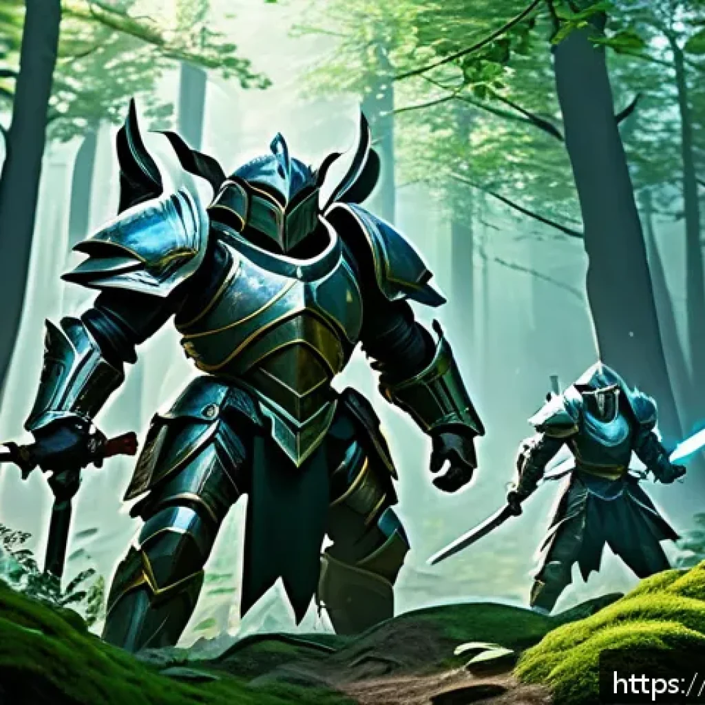세븐나이츠 실시간 대전 팁 - A dynamic fantasy battle scene showcasing a balanced team of armored heroes in a lush, mystical fore...