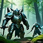 Home 21 세븐나이츠 실시간 대전 팁 - A dynamic fantasy battle scene showcasing a balanced team of armored heroes in a lush, mystical fore...