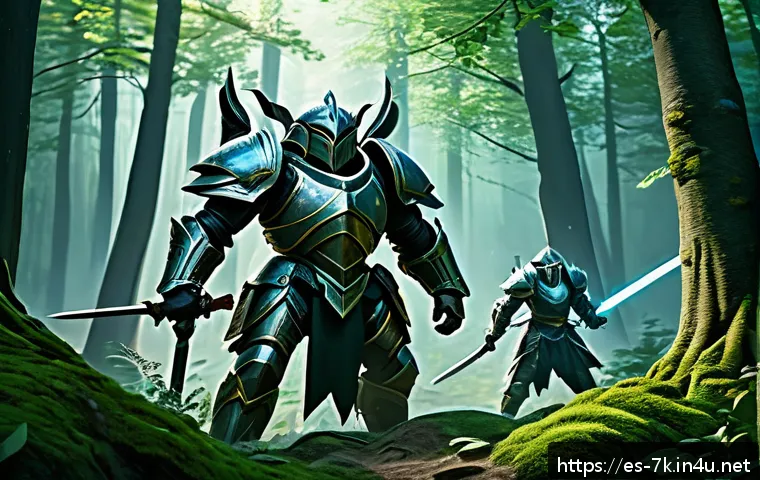 세븐나이츠 실시간 대전 팁 - A dynamic fantasy battle scene showcasing a balanced team of armored heroes in a lush, mystical fore...