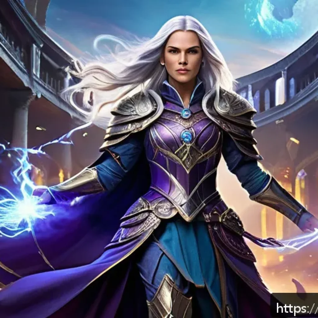 세븐나이츠 베스트 덱 조합 - A dynamic battle scene in a fantasy arena featuring Lena, a female mage with long flowing silver hai...