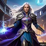 Home 20 세븐나이츠 베스트 덱 조합 - A dynamic battle scene in a fantasy arena featuring Lena, a female mage with long flowing silver hai...