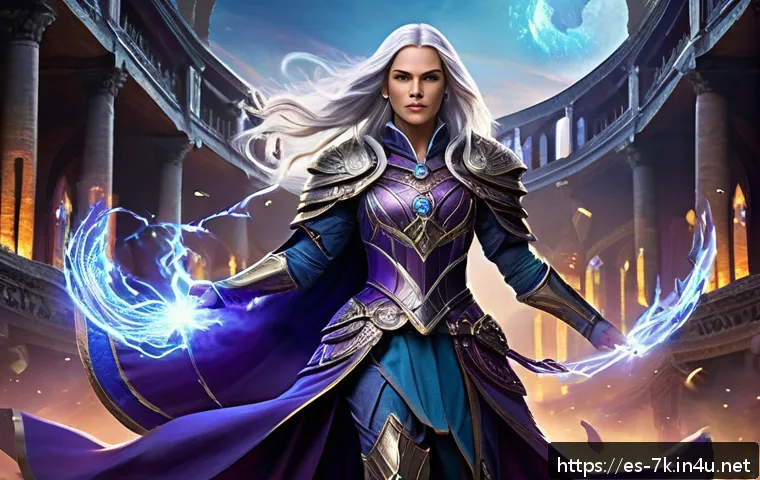 세븐나이츠 베스트 덱 조합 - A dynamic battle scene in a fantasy arena featuring Lena, a female mage with long flowing silver hai...