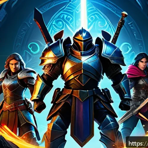 Home 31 세븐나이츠 캐릭터 성장법 - A dynamic battle scene featuring a diverse team of fantasy heroes in detailed armor and weapons, sho...