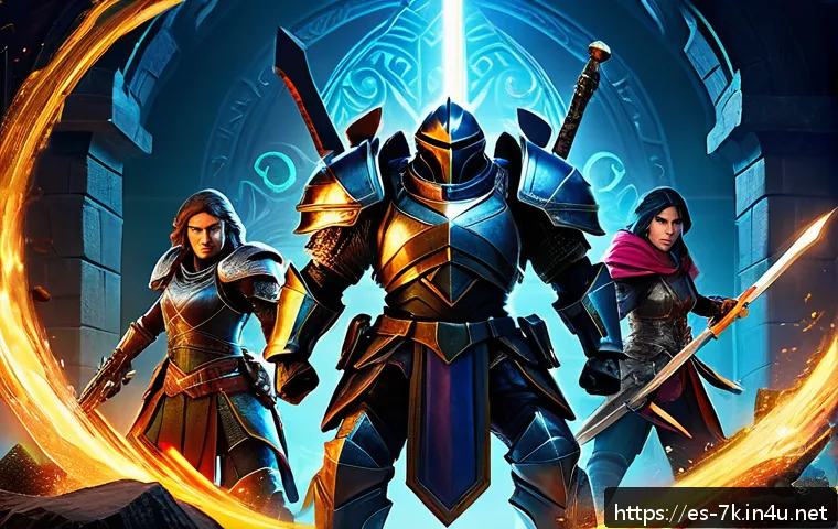 세븐나이츠 캐릭터 성장법 - A dynamic battle scene featuring a diverse team of fantasy heroes in detailed armor and weapons, sho...