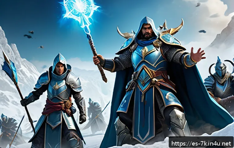 세븐나이츠 고급 공략 - A dynamic fantasy RPG team composition scene featuring a diverse squad of heroes in detailed, colorf...