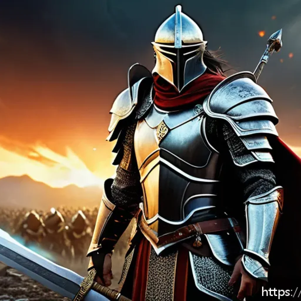 세븐나이츠 장비 옵션별 효과 - A detailed fantasy warrior hero in elaborate armor wielding a massive glowing sword and a battle axe...