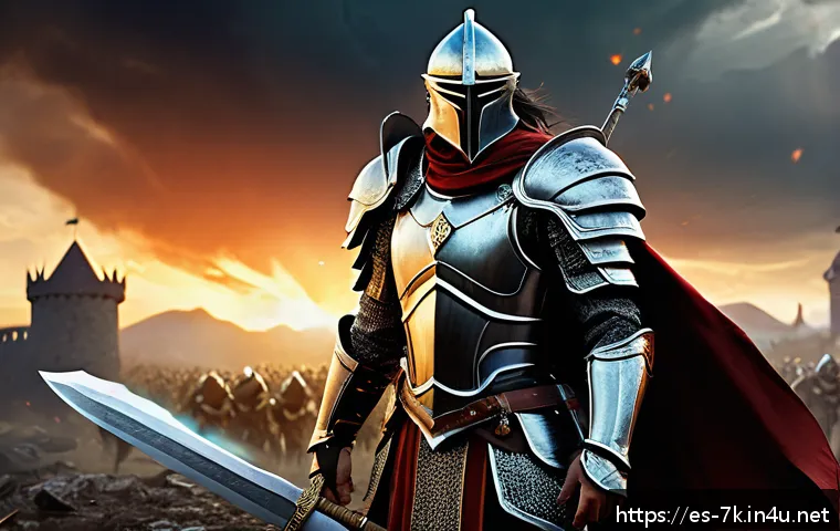 세븐나이츠 장비 옵션별 효과 - A detailed fantasy warrior hero in elaborate armor wielding a massive glowing sword and a battle axe...