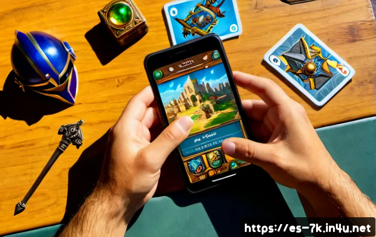 Home 17 세븐나이츠 장비 조합법 - Photorealistic overhead scene of a Spanish-speaking mobile RPG player’s desk, hands arranging four d...