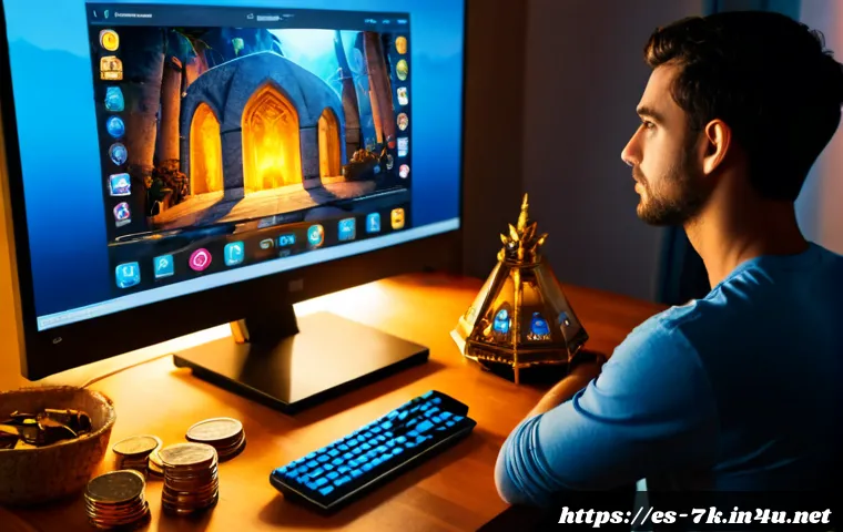 Home 17 세븐나이츠 유료 아이템 가치 평가 - Photorealistic Spanish-speaking gamer at a tidy home desk comparing premium fantasy game items on a ...